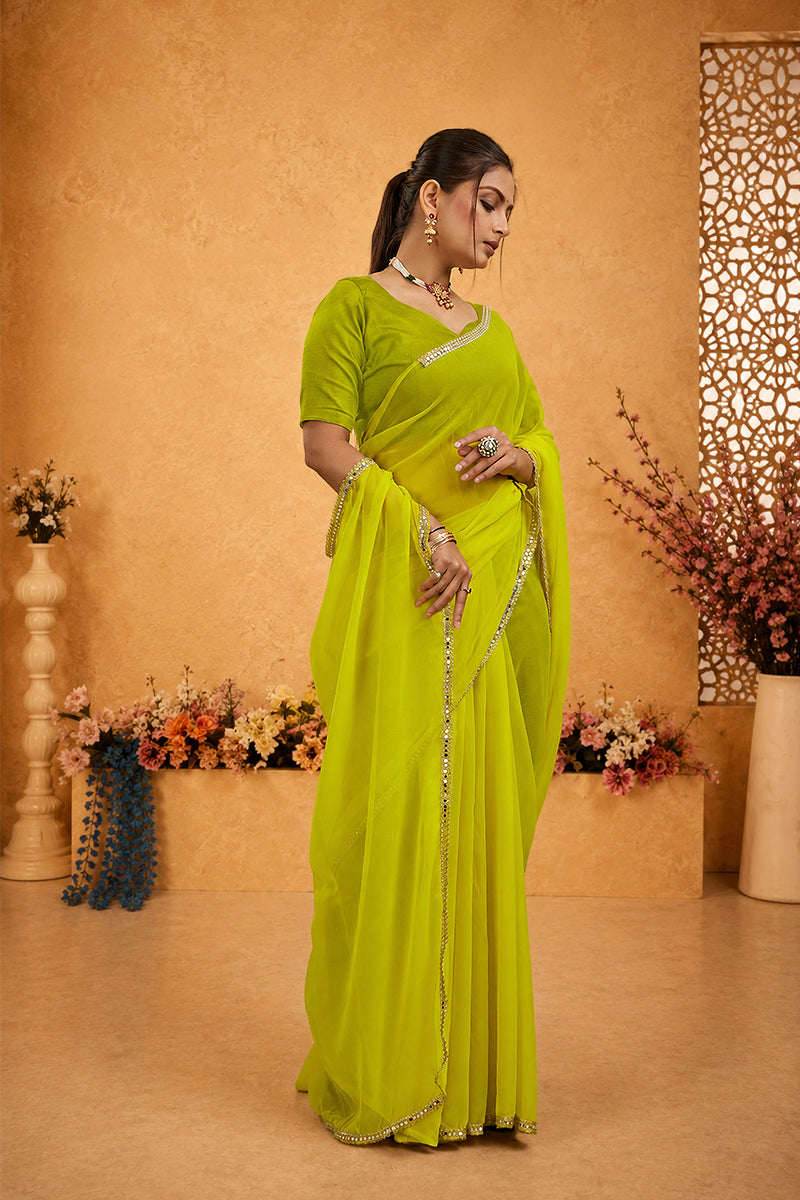 Yellow Mirror Lace Georgette Saree