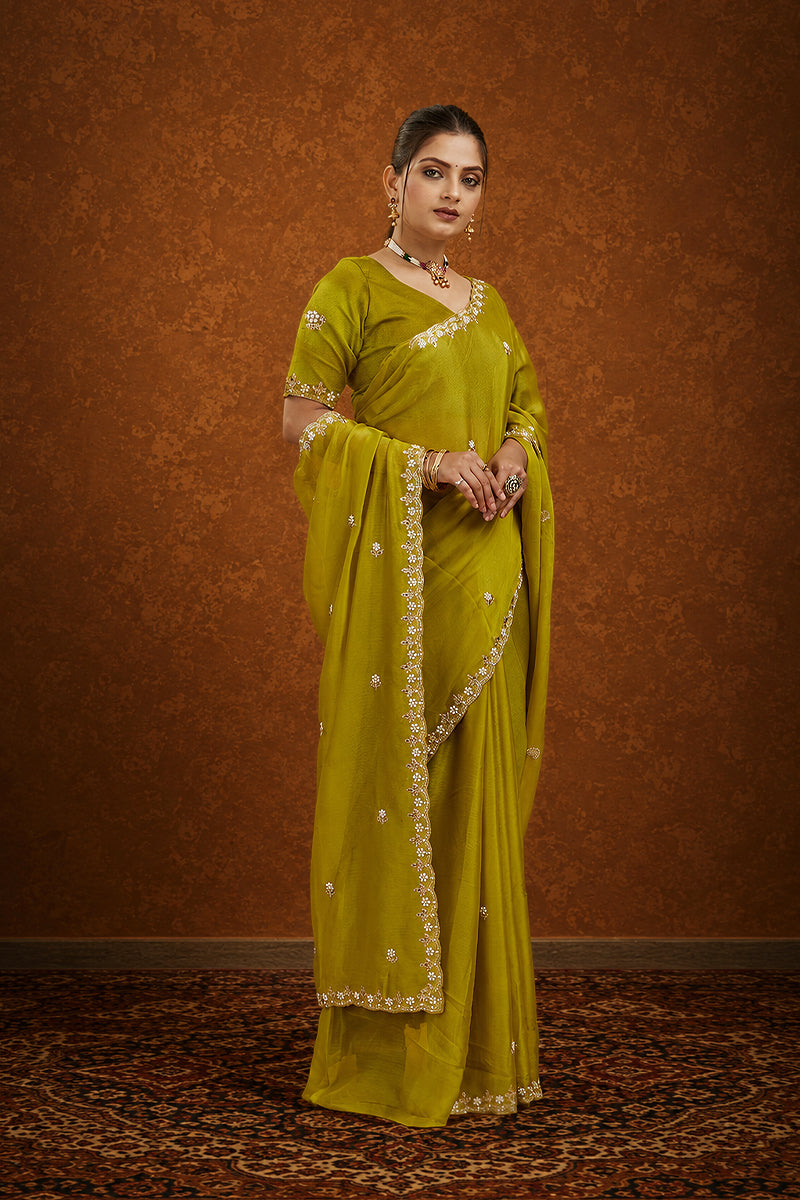 Yellow Chiffon Embroidered Silk Saree