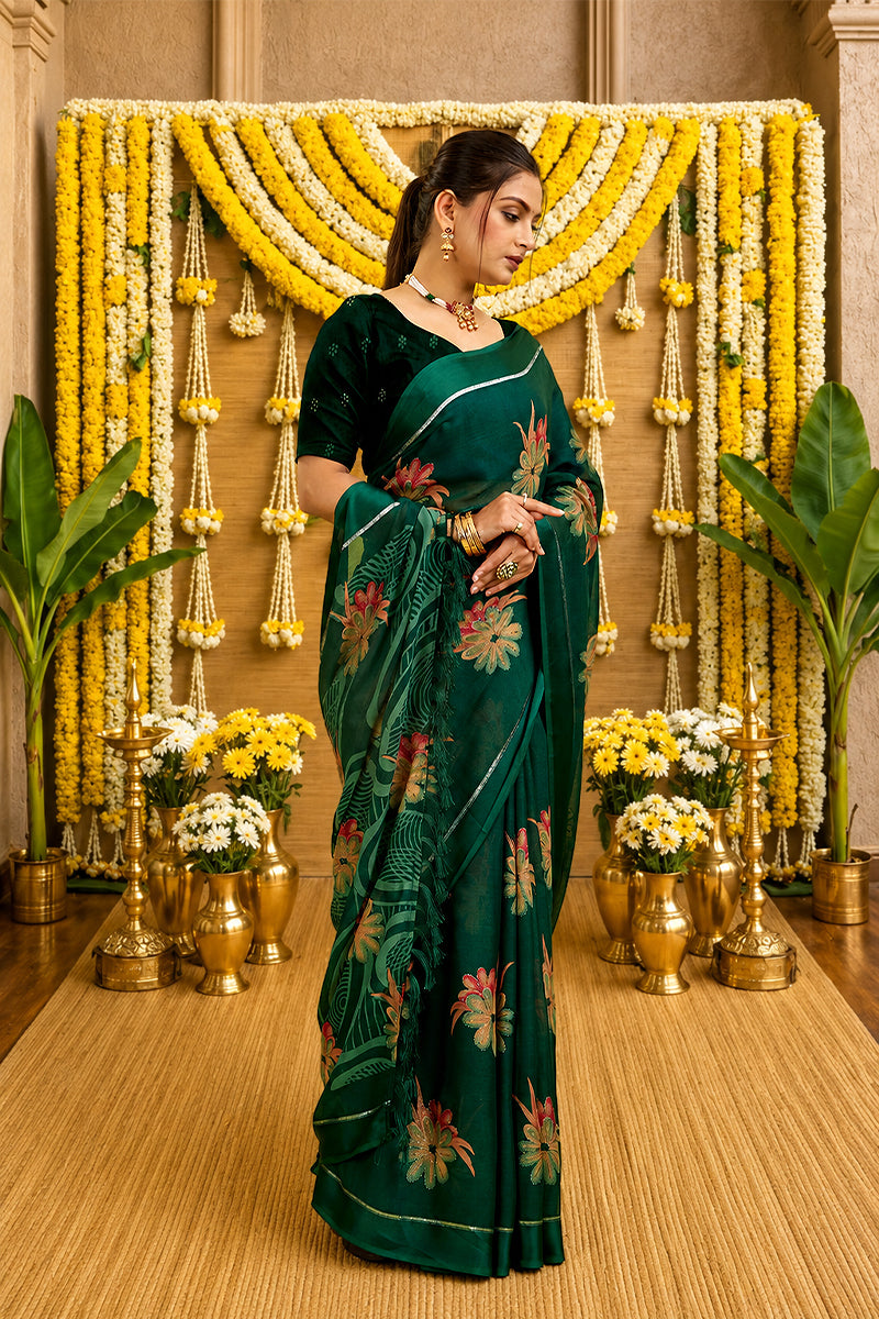 Green Digital Printed Bright Moss Satin Border Saree