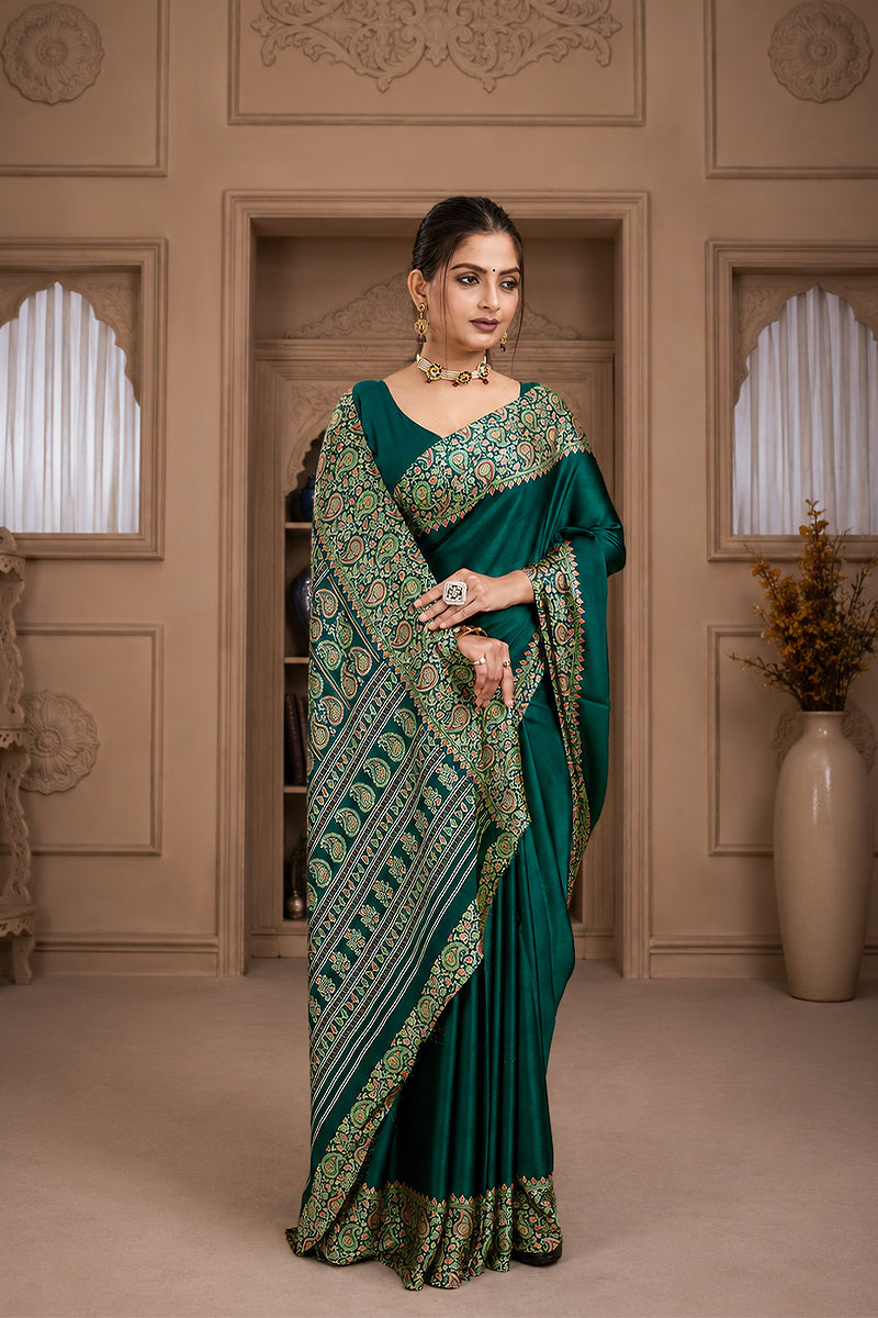 Green Ajrakh Printed Silk Saree