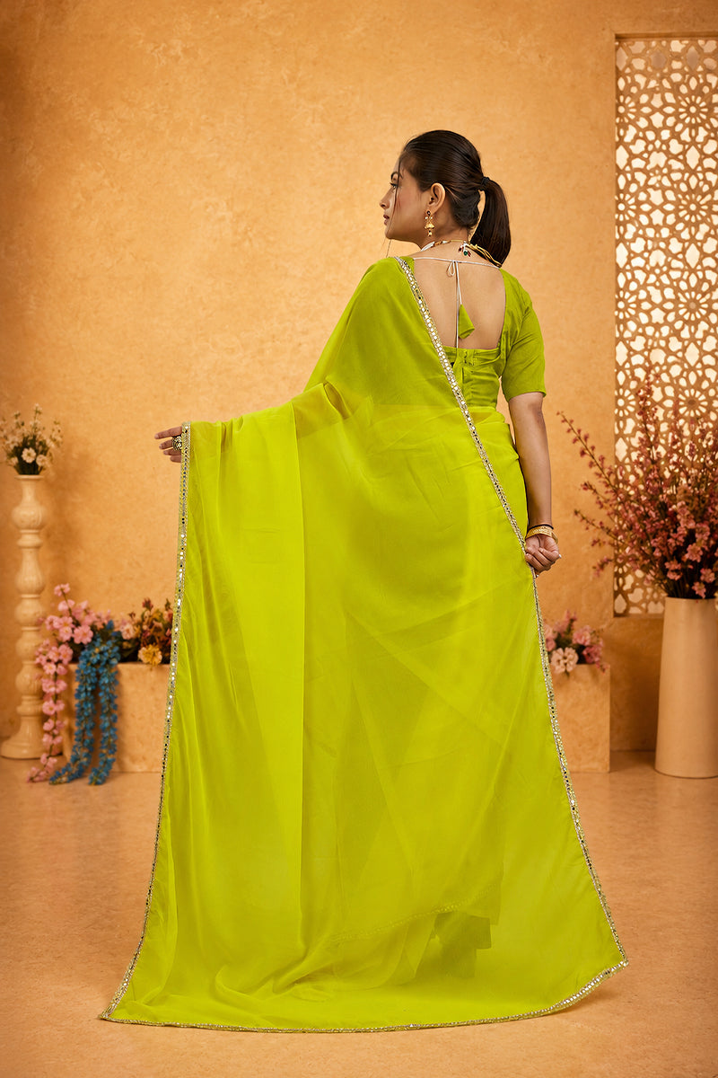 Yellow Mirror Lace Georgette Saree