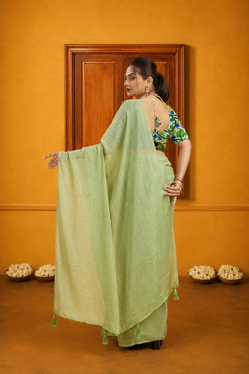 Green Solid Shimmer Polyester Saree