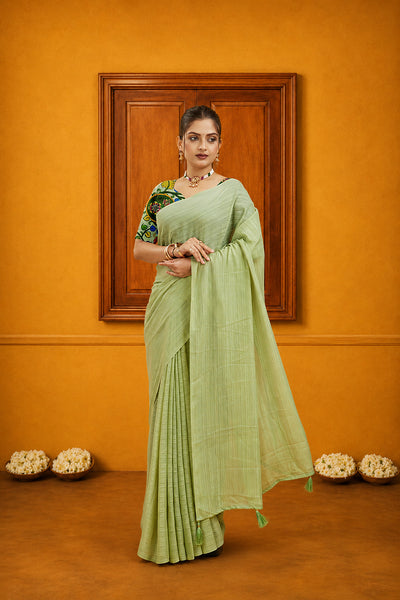 Green Solid Shimmer Polyester Saree