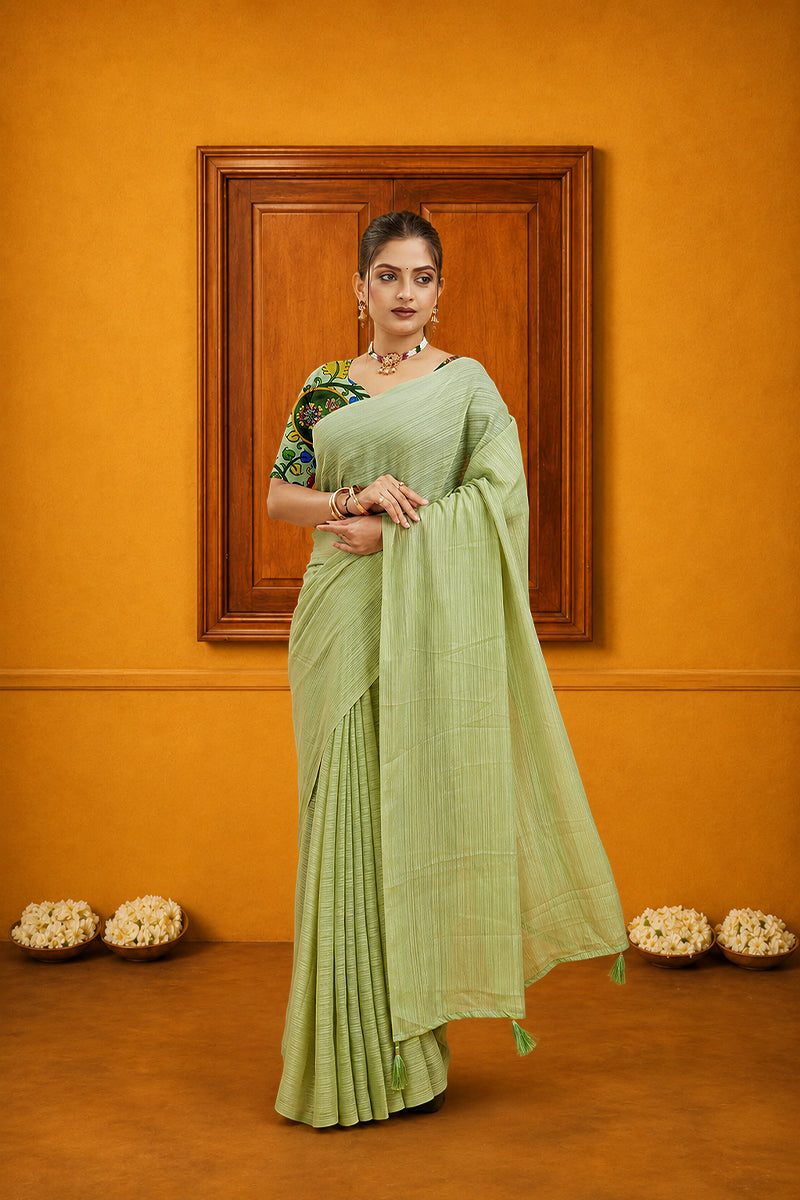 Green Solid Shimmer Polyester Saree