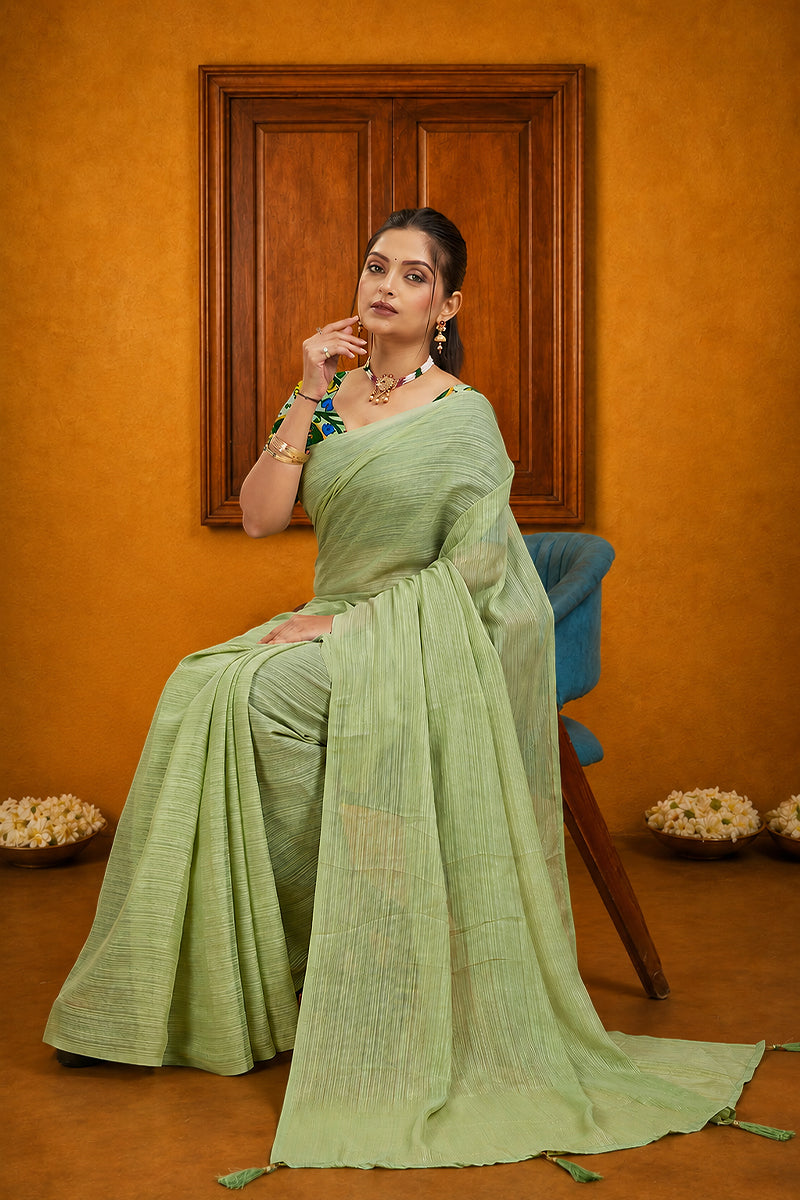 Green Solid Shimmer Polyester Saree