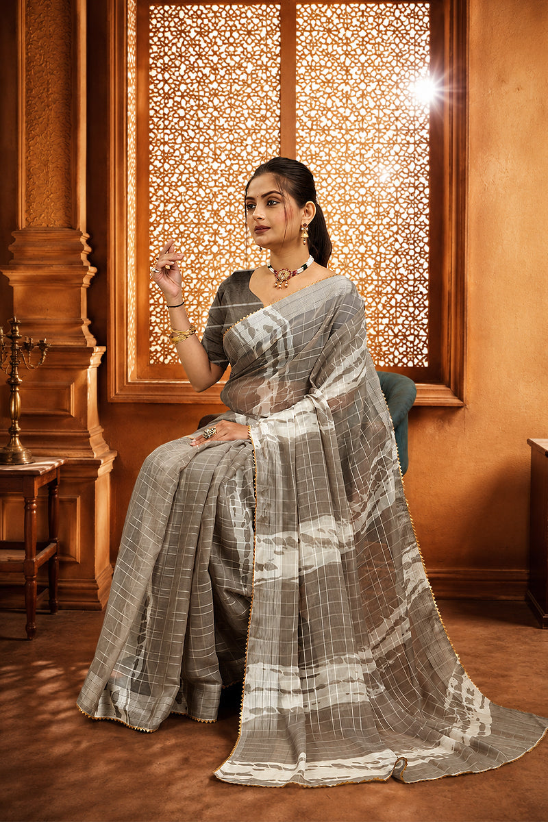 Grey Ready To Wear Digital Printed Georgette Saree