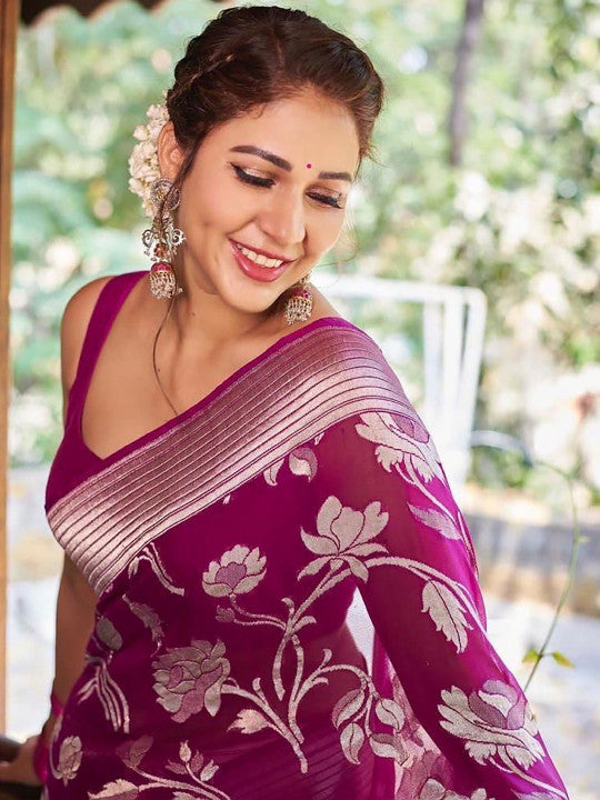 Purple Floral Silk Blend Saree