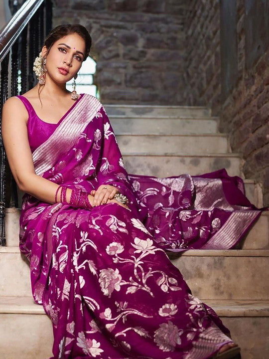 Purple Floral Silk Blend Saree
