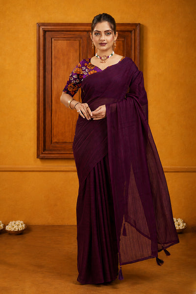 Purple Solid Shimmer Polyester Saree