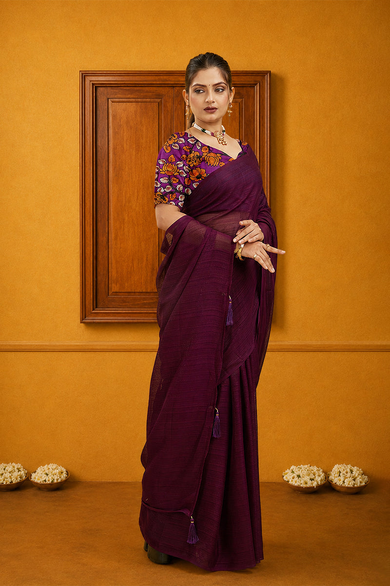 Purple Solid Shimmer Polyester Saree