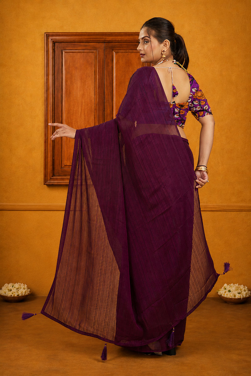 Purple Solid Shimmer Polyester Saree