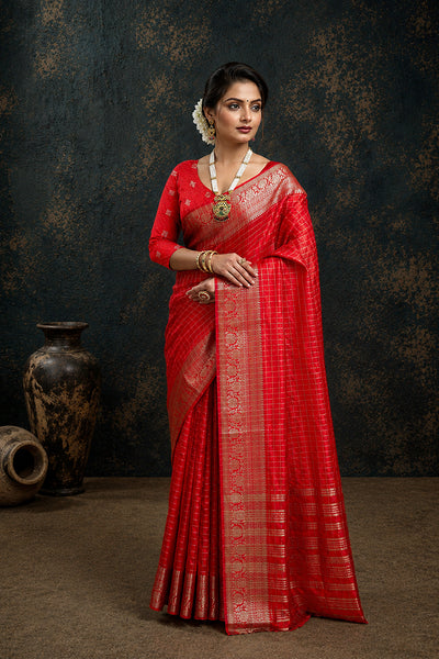 Red Woven Jacquard Cotton Silk Saree