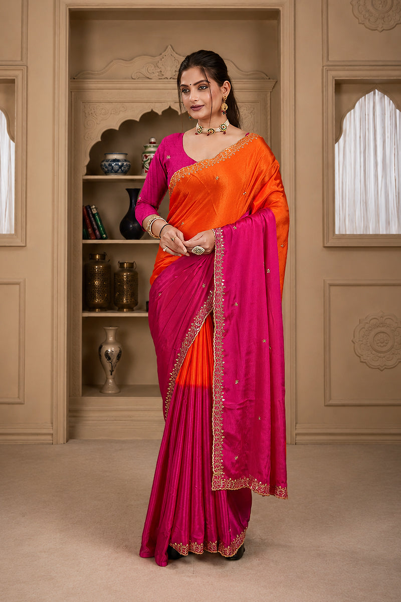Orange Embroidered Chinnon Silk Saree