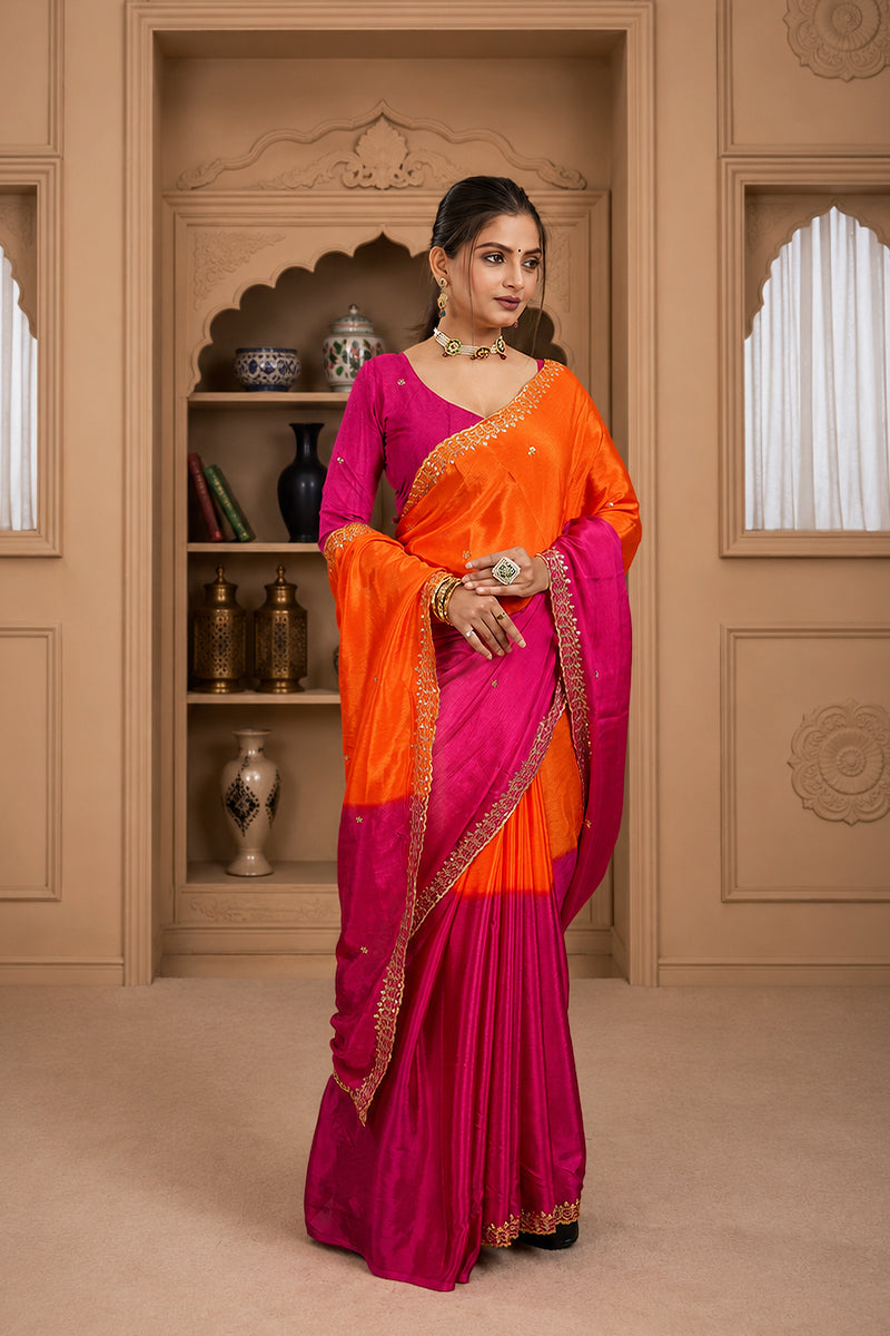 Orange Embroidered Chinnon Silk Saree