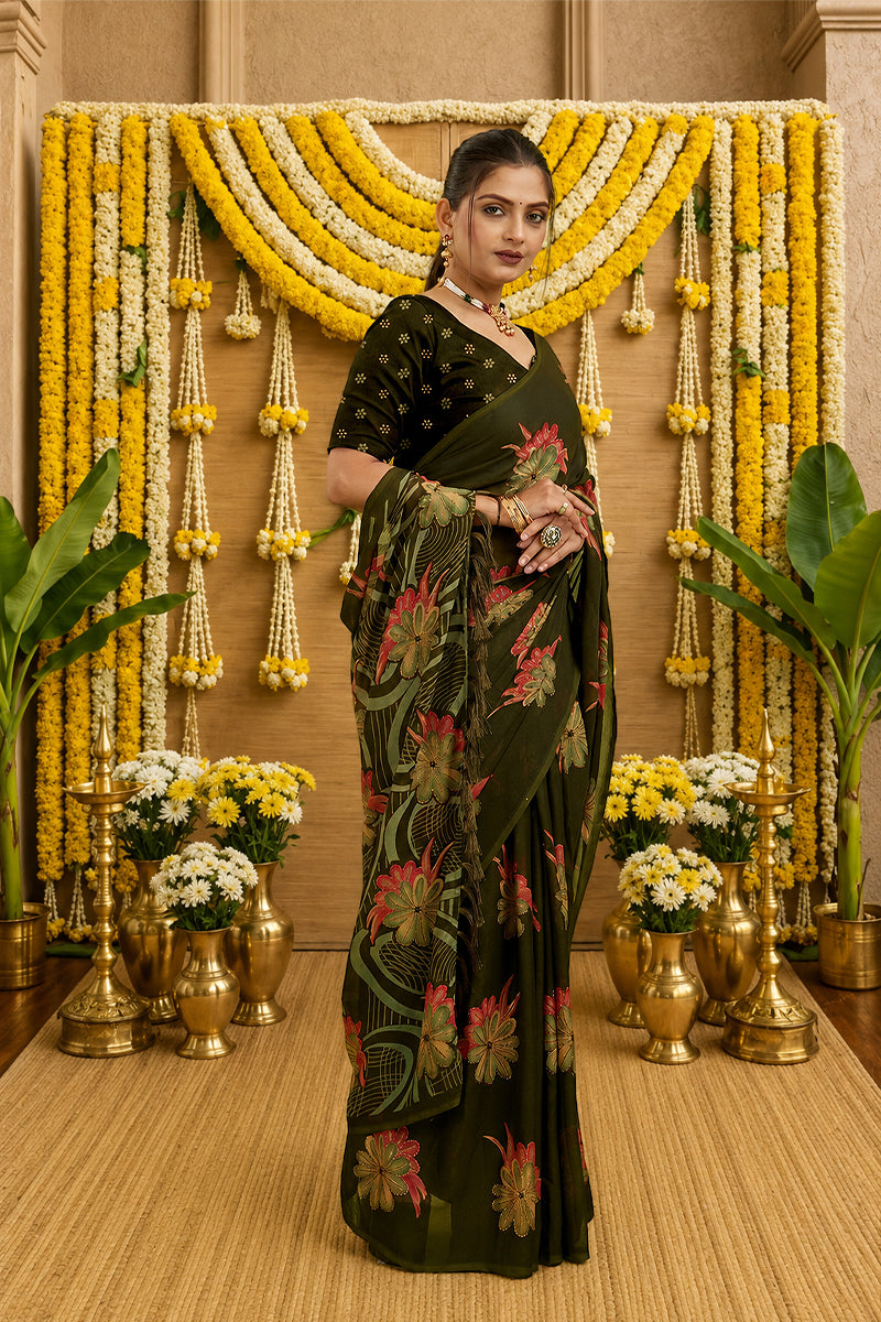 Mehndi Digital Printed Bright Moss Satin Border Saree