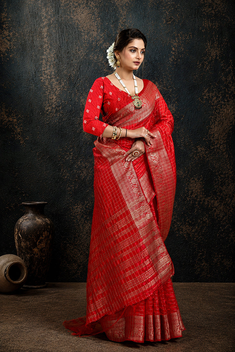 Red Woven Jacquard Cotton Silk Saree