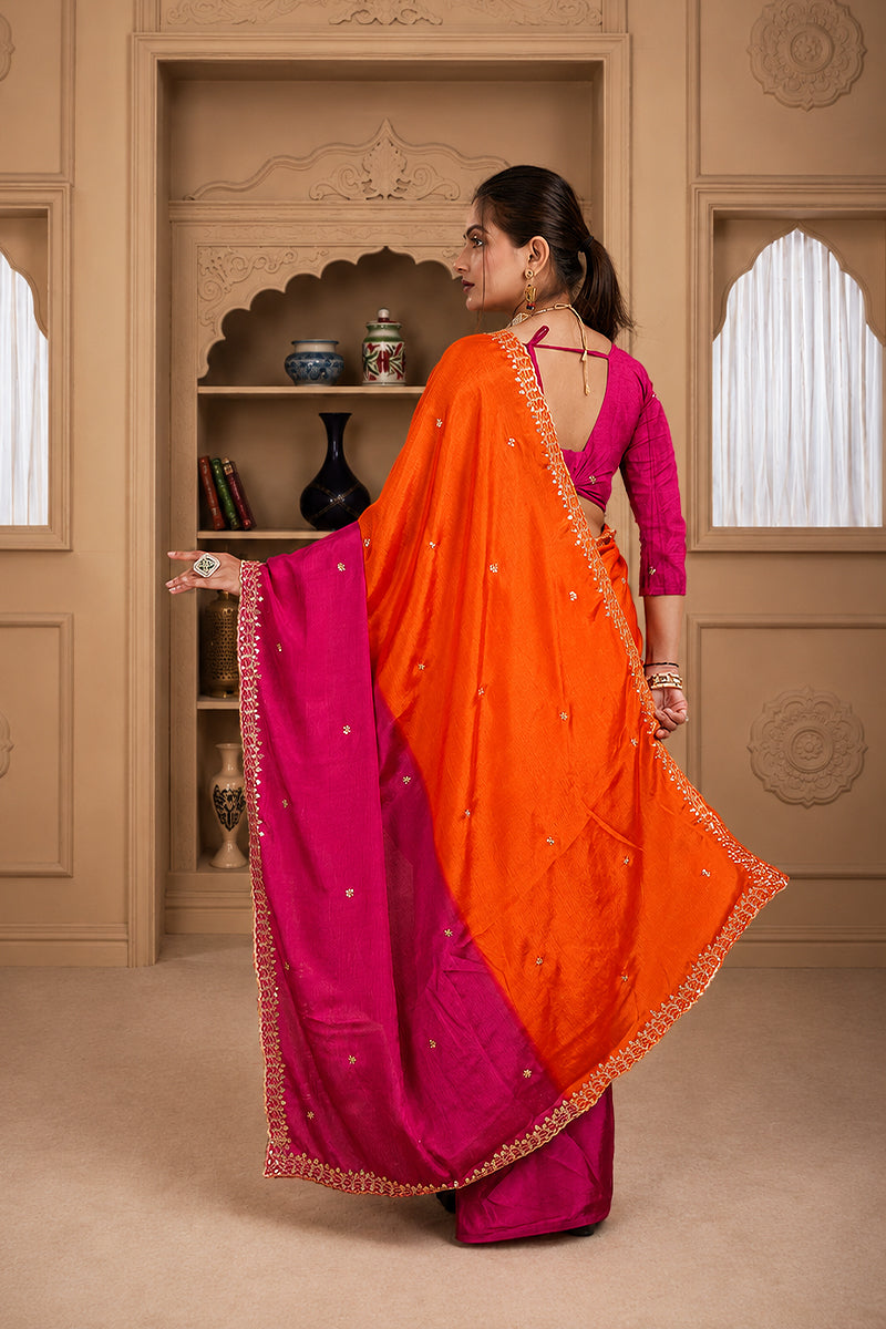 Orange Embroidered Chinnon Silk Saree