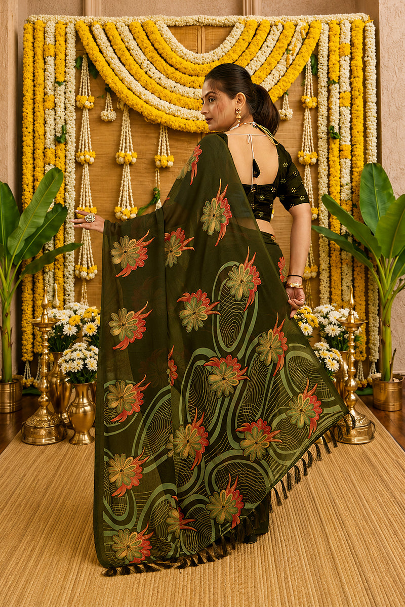 Mehndi Digital Printed Bright Moss Satin Border Saree