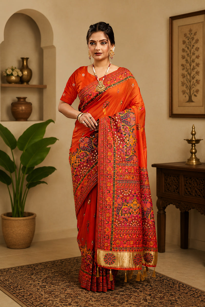 Orange Rajwadi Pashmina Silk Saree