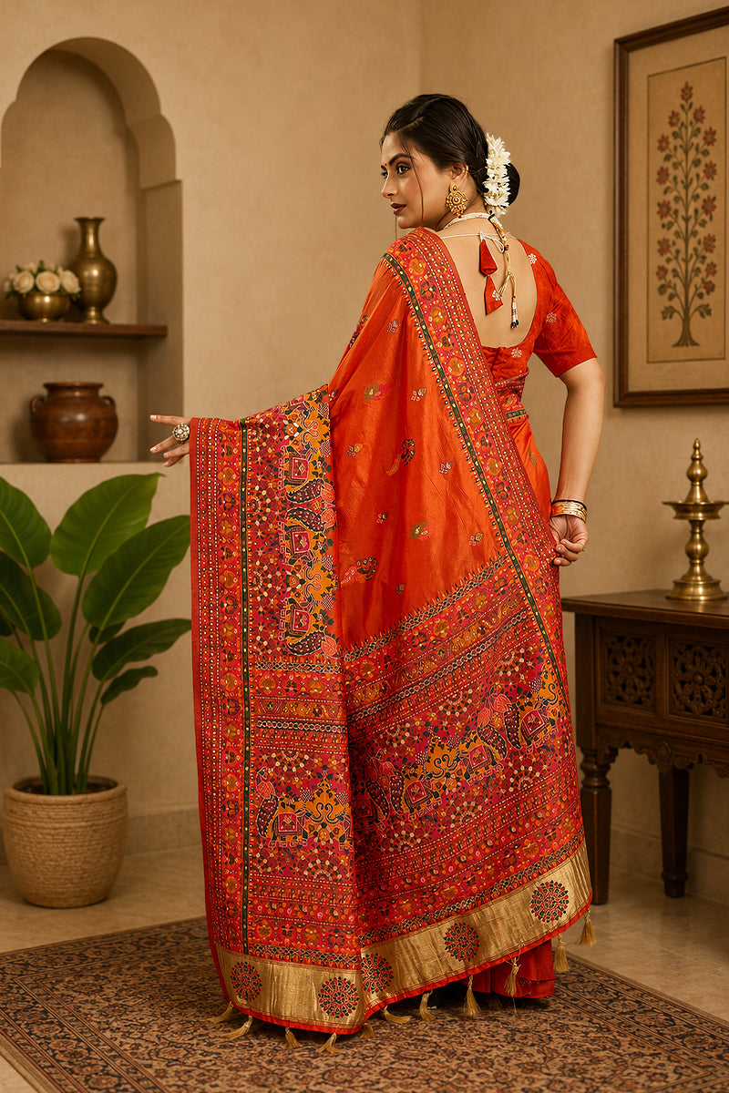 Orange Rajwadi Pashmina Silk Saree