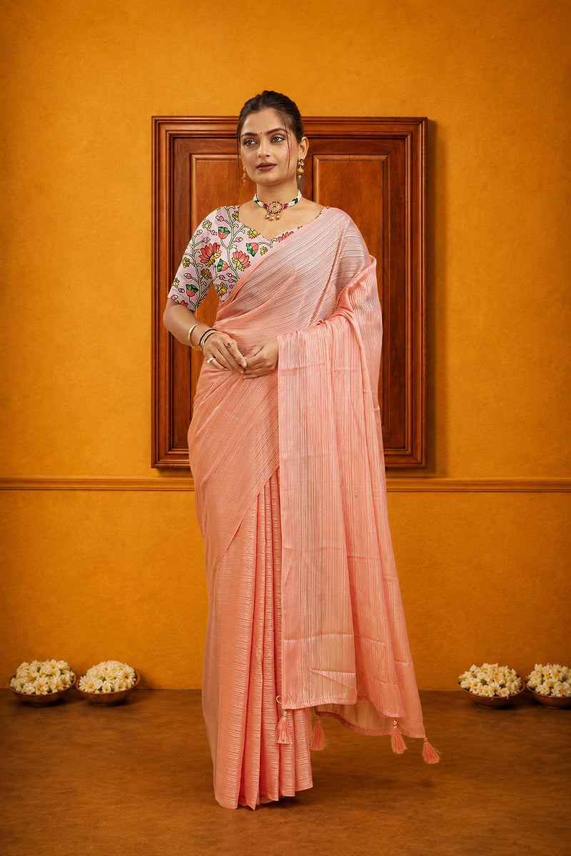 Baby Pink Solid Shimmer Polyester Saree