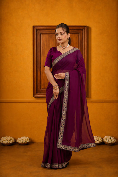 Wine Solid Georgette Saree With Lace
