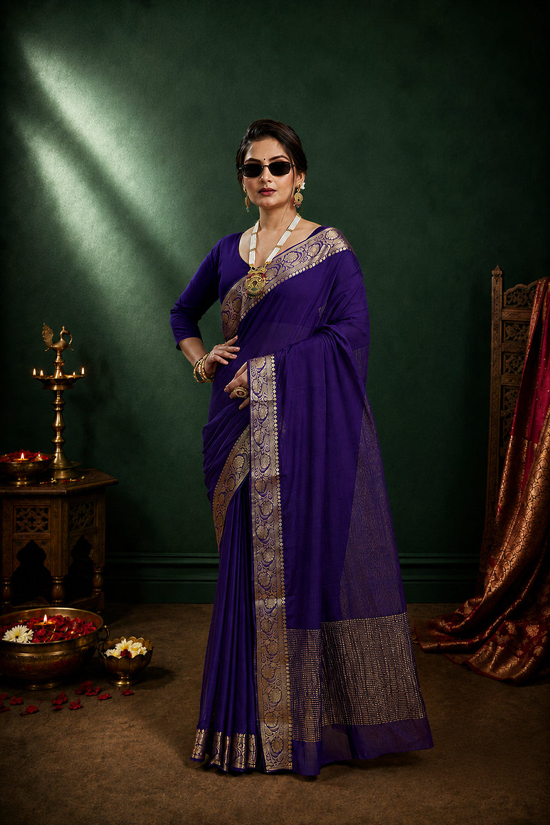Blue Woven Chinnon Silk Saree