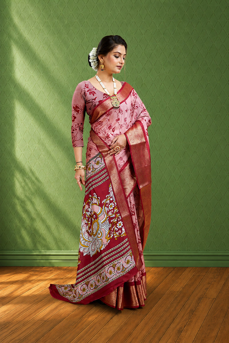 Pink Soft Dola Cotton Gharchola  Printed Saree