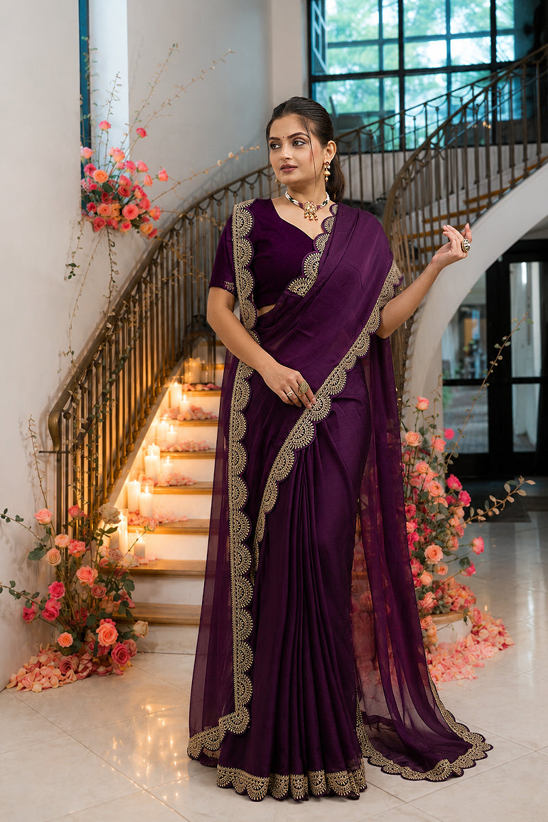 Purple Embroidered Satin Chiffon Saree