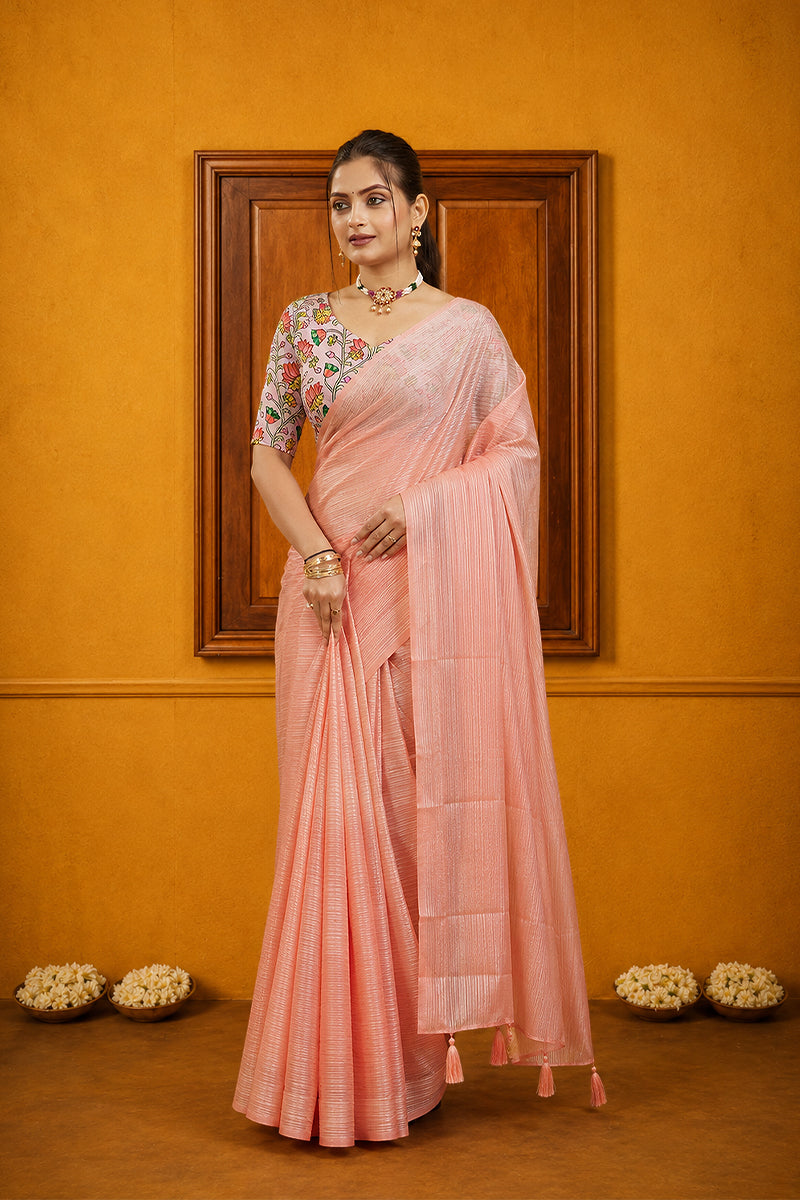 Baby Pink Solid Shimmer Polyester Saree