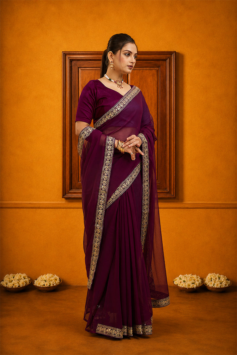Wine Solid Georgette Saree With Lace