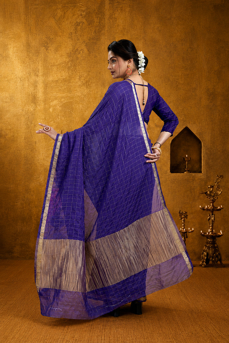 Blue Woven Zari Border Viscose Chinnon Silk Saree