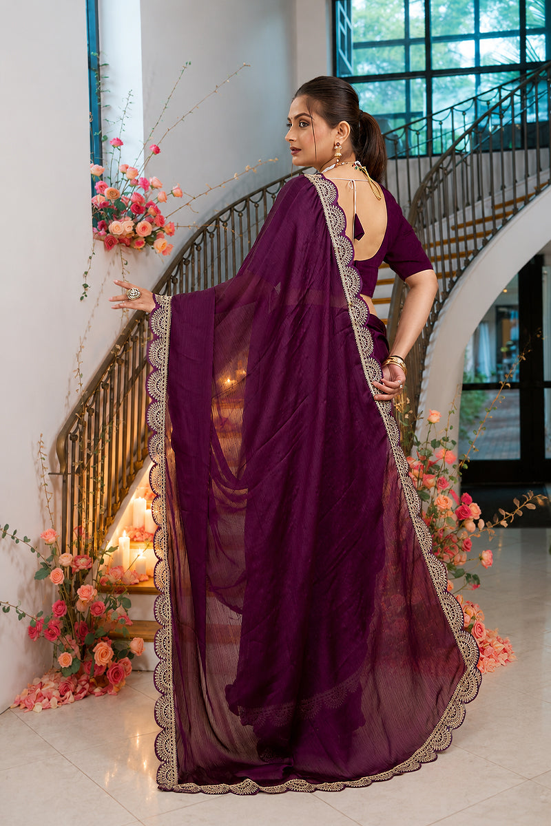 Purple Embroidered Satin Chiffon Saree