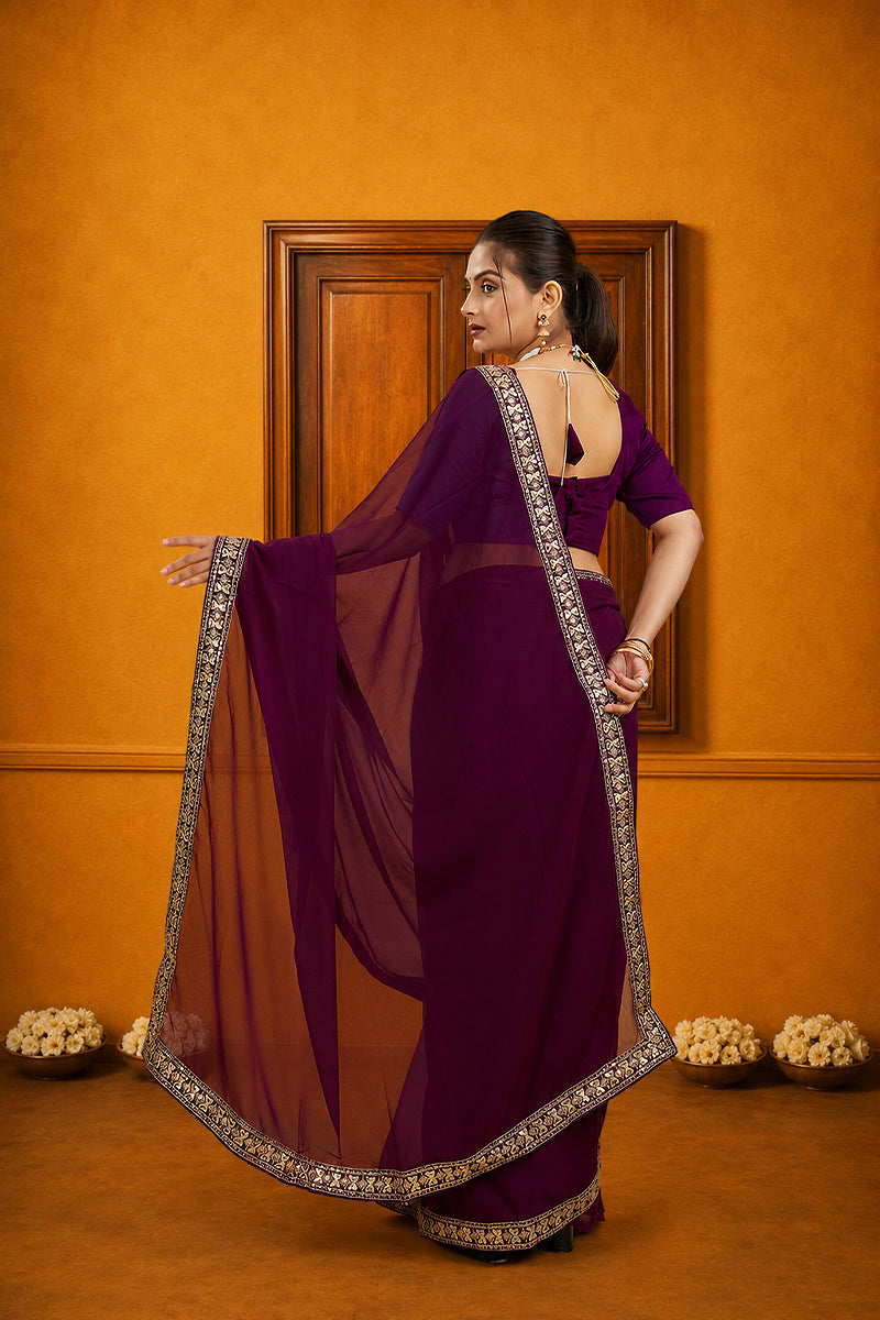 Wine Solid Georgette Saree With Lace