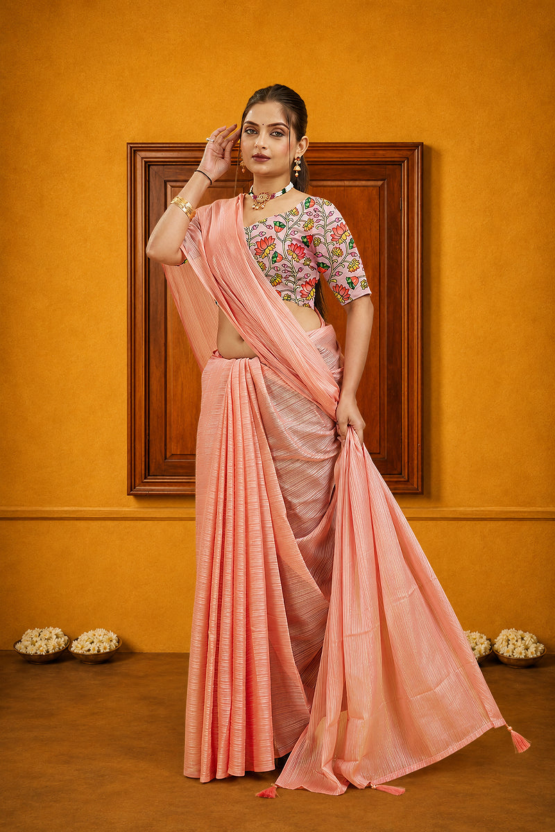Baby Pink Solid Shimmer Polyester Saree