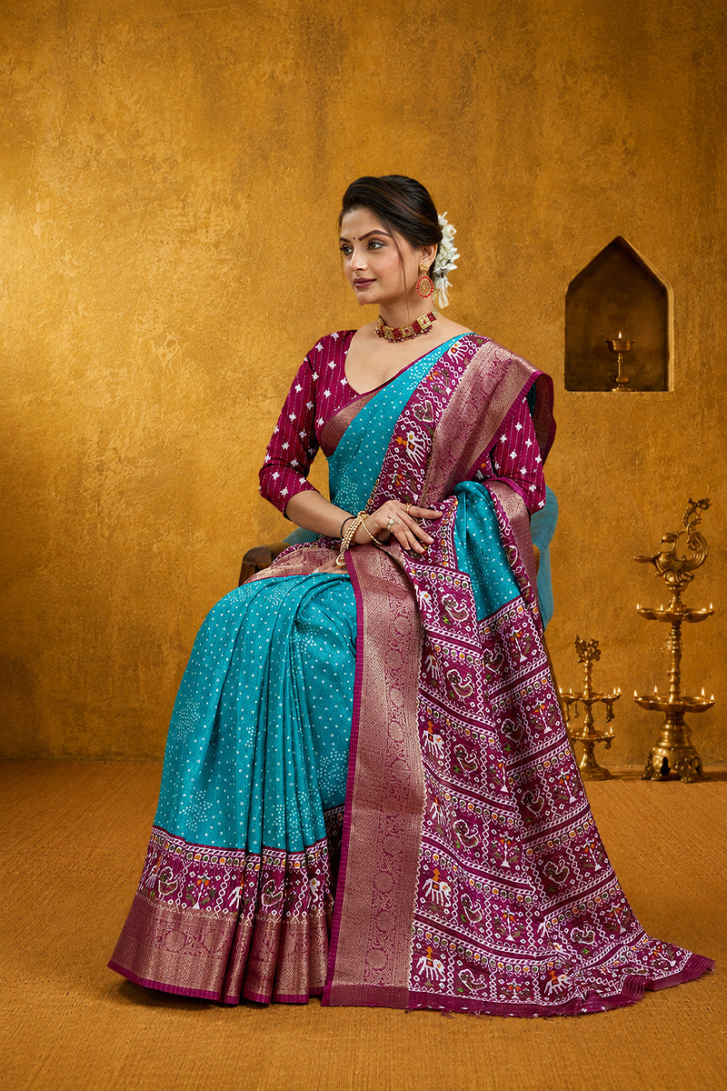 Blue Soft Dola Cotton Gharchola  Printed Saree