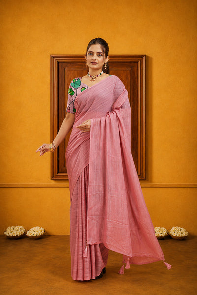 Pink Solid Shimmer Polyester Saree