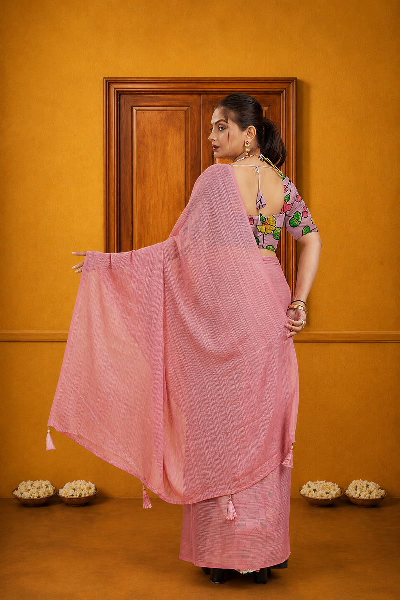 Pink Solid Shimmer Polyester Saree