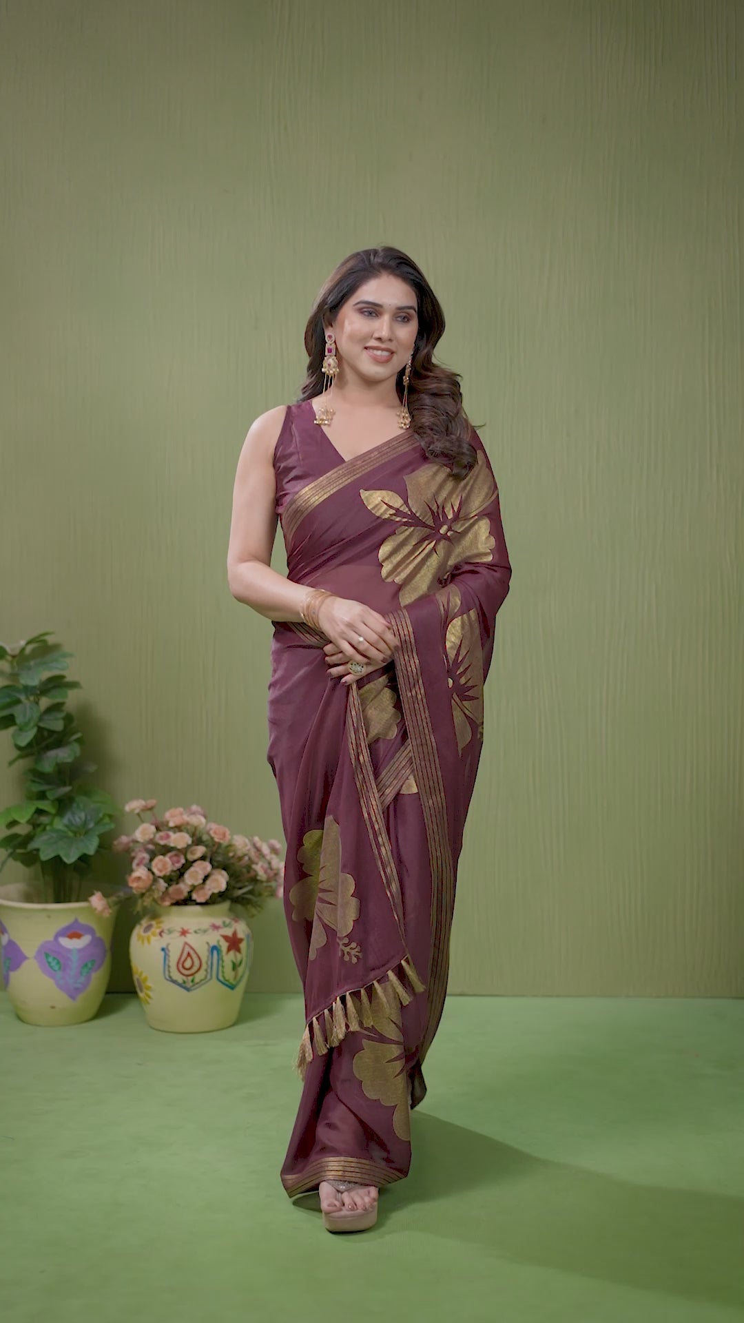 Burgundy Foil Printed Georgette Saree