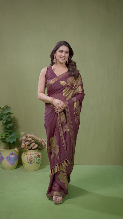 Burgundy Foil Printed Georgette Saree