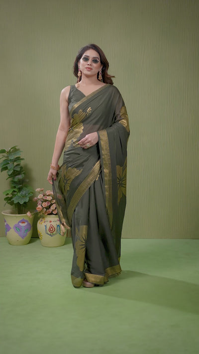 Mehendi Foil Printed Georgette Saree
