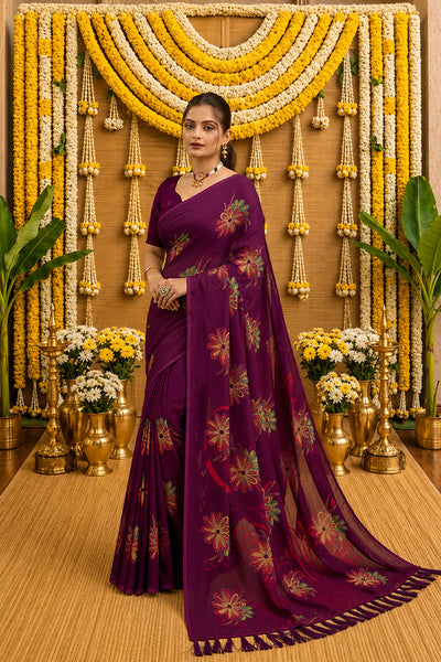 Purple Digital Printed Bright Moss Satin Border Saree
