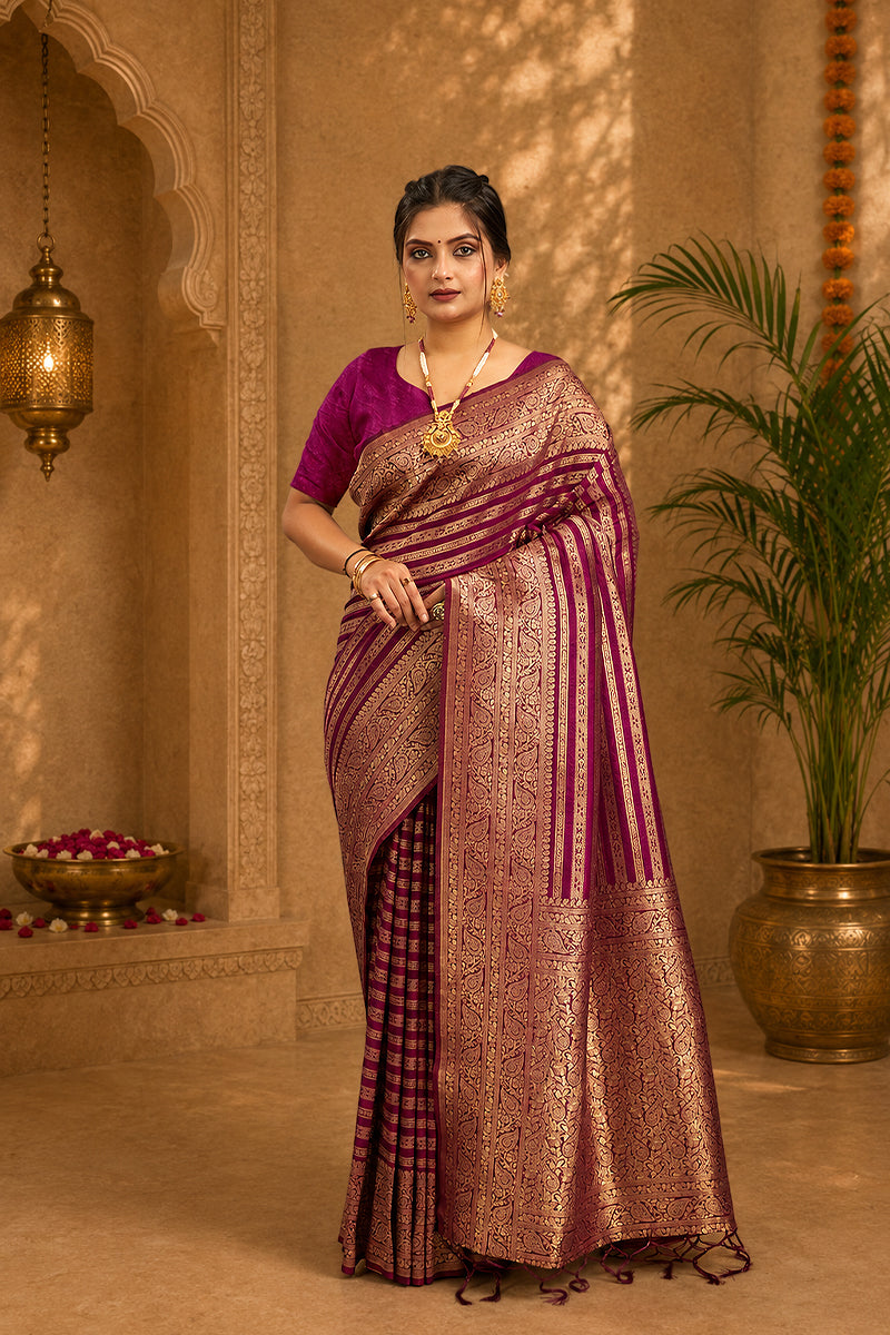 Wine Woven Banarasi Khadi Silk Saree