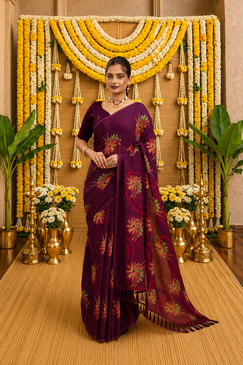 Purple Digital Printed Bright Moss Satin Border Saree