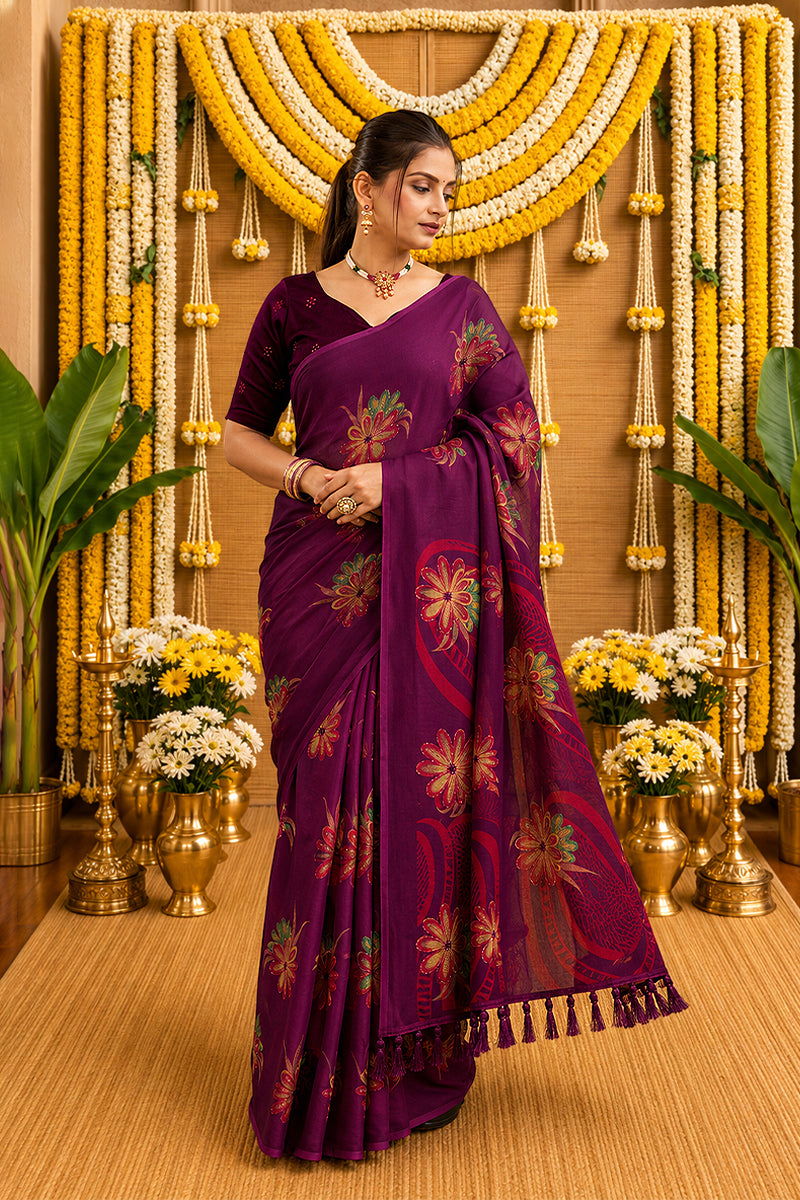 Purple Digital Printed Bright Moss Satin Border Saree