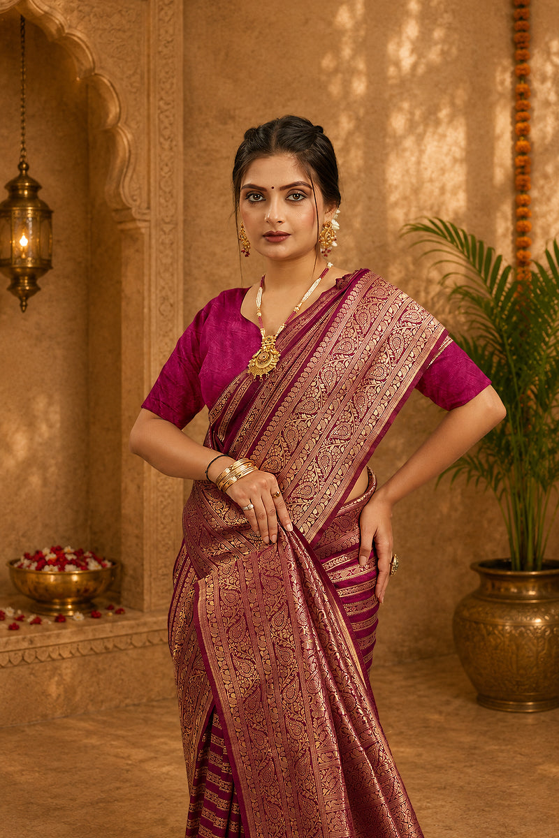 Wine Woven Banarasi Khadi Silk Saree
