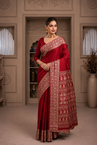 Red Ajrakh Printed Silk Saree