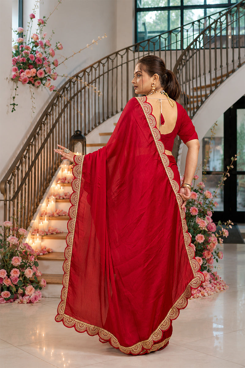 Red Embroidered Satin Chiffon Saree