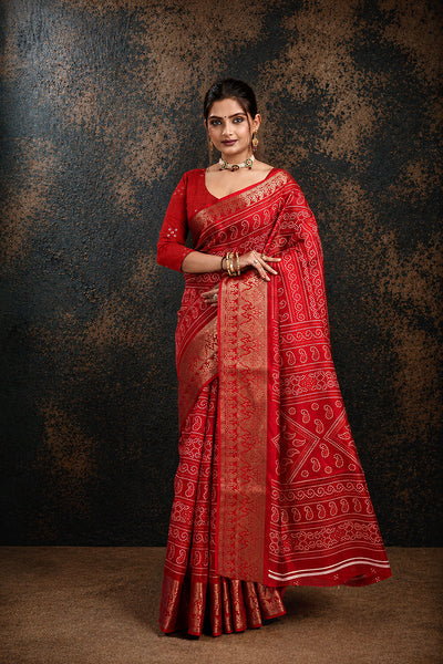Red Bandhani Print Soft Dola Cotton Gharchola Saree