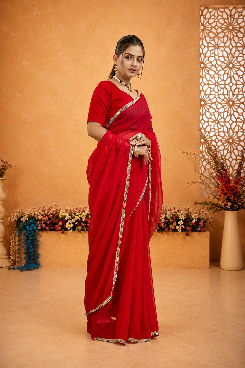 Red Mirror Lace Georgette Saree